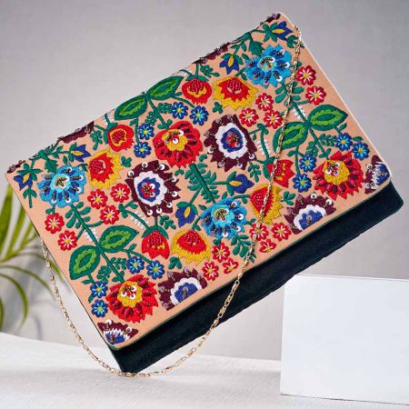 Floral Beaded Cotton Small Sling Bag For Women 